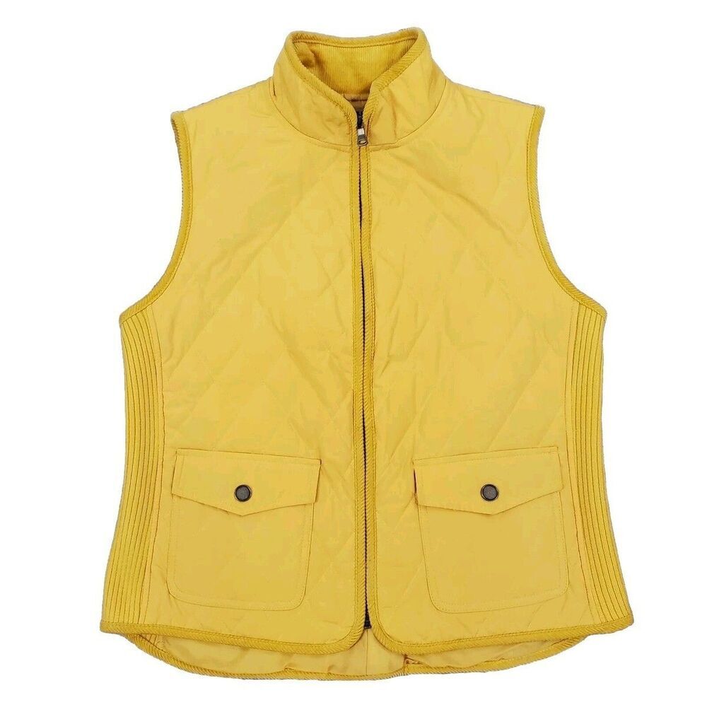 Talbots Womens Preppy Quilted Vest Size M Yellow Corduroy Trim Equestrian